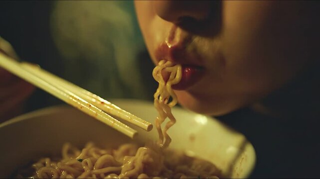 Close-up of mouth eating noodles with chopsticks, warm ambient light showcasing the texture of the noodles