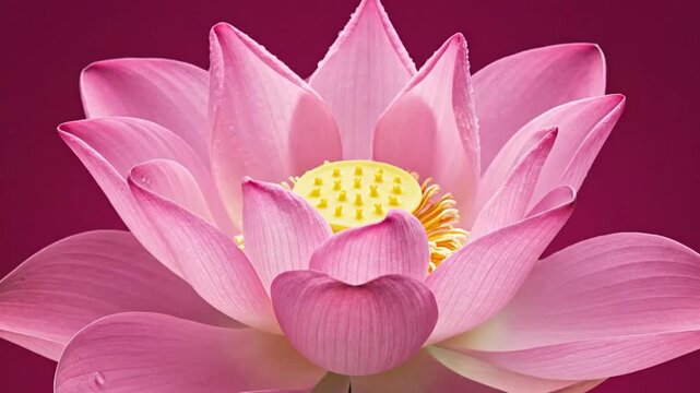 Time-lapse video of a beautiful pink lotus flower blooming against a vibrant magenta background.