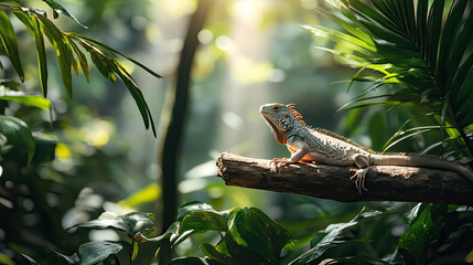 A vibrant iguana basking in the warm sunlight of a tropical rainforest AI Generative