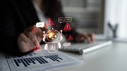 Chatbot AI helping under system alert condition with error warnings and communication risk signals....