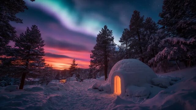 Snowy landscape with aurora borealis and igloo at twilight