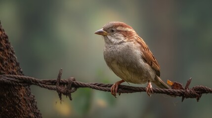 Fototapeta premium Close-Up of a Sparrow Perched on a Twisted Rope Against a Softly Blurred Background in Nature, Capturing Birdwatching Moments and Wildlife Beauty