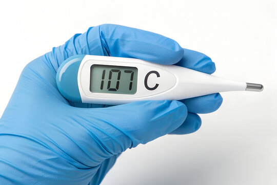 Close-up of blue medical gloves holding a digital thermometer displaying 107 degrees Celsius, indicating extreme heat or medical emergency