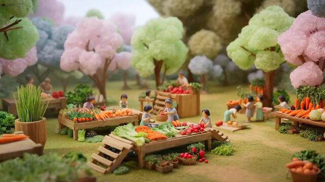 Miniature farmers market scene featuring tiny figures interacting around wooden stalls filled with detailed carrots lettuce and tomatoes set