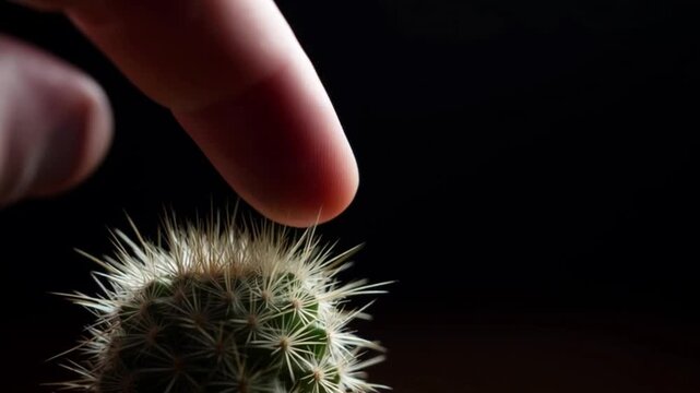 Human finger touching sharp cactus spines close up, pain risk concept with dangerous plant texture on dark background, delicate contact with thorn surface, injury warning, sensitivity metaphor