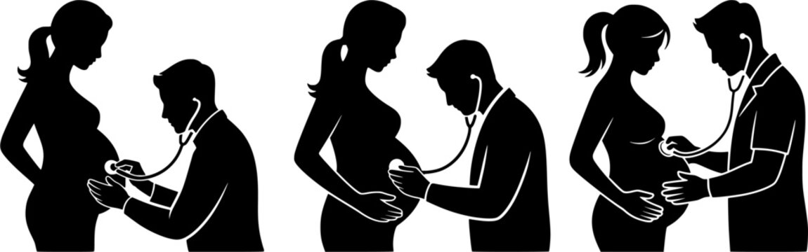 Vector silhouette set of pregnant woman during prenatal medical checkup. Doctor examining expectant mother with stethoscope. Maternity and healthcare concept.
