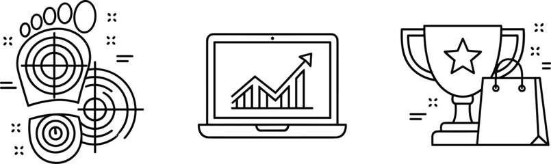 Business growth and target marketing line icons, analytics dashboard, achievement trophy, ecommerce success vector illustration