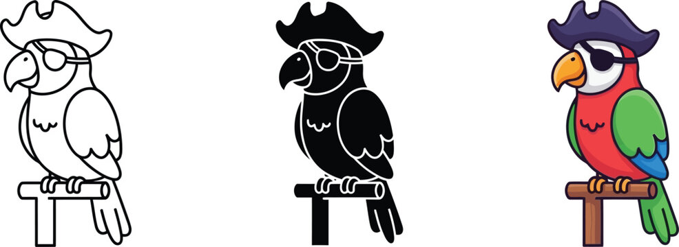 Cute Cartoon Parrot Pirate with Eye Patch, Nautical Character, Three Styles: Color, Silhouette, Outline