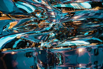 Liquid chrome metallic texture with reflective futuristic design and distorted abstract surface, Glossy fluid metal background with neon reflections and cyberpunk style pattern