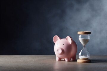 Pink piggy bank and hourglass on grey background symbolizing time and savings