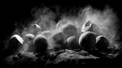 Obraz premium Mysterious Black and White Image of Cracked and Whole Coconut Shells Surrounded by Smoke and Fog on a Dark Background