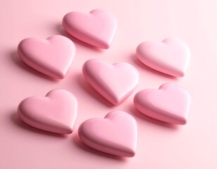 Fototapeta premium Angled Perspective of Scattered Pink Hearts on a Gentle Pastel Background, Wide Compo