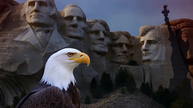 Majestic bald eagle profile stands prominently before Mount Rushmore national memorial and Statue of Liberty silhouette under dramatic twilight sky evoking powerful themes of american heritage