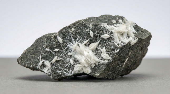White silky dickite mineral clusters growing on a dark grey volcanic rock surface.