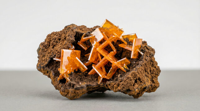 Orange tabular wulfenite crystals clustered within a porous brown limonite gossan matrix.