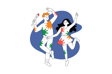 Happy couple dancing with paint splatters on their clothes in a playful artistic scene