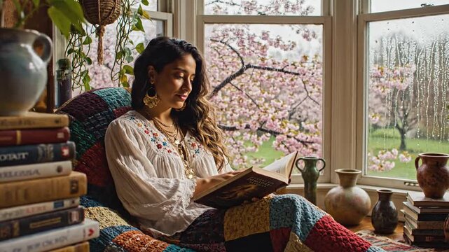 A woman enjoys a book in a cozy space, surrounded by books, plants, and a rainy window view