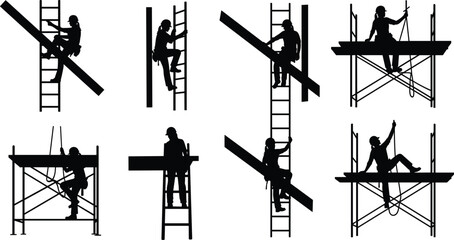 Construction workers ladders scaffolding beams ropes safety helmets tool belts labor site silhouette flat vector © stock i