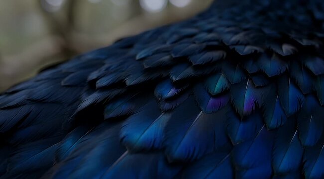 Close up of iridescent blue and purple feathers creating a textured surface