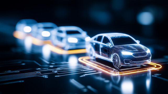 Wireframe cars on a digital circuit platform, symbolizing connected vehicles and autonomous mobility.
