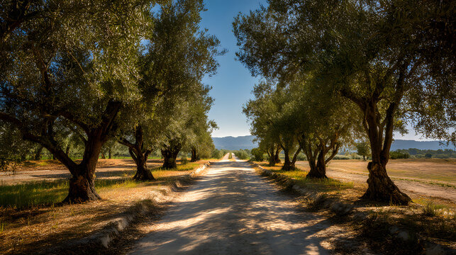 Dirt road lined with olive trees