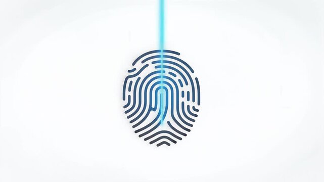 Cinematic white background reveals a black fingerprint icon, which then illuminates with a glowing dynamic blue laser scan