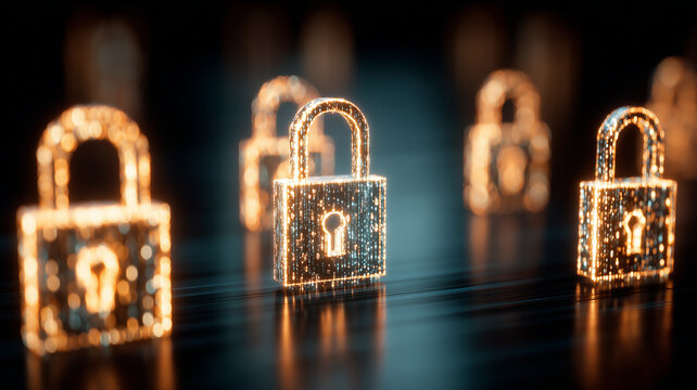 Padlock symbols in network formation representing data protection, access control, and cyber defense.
