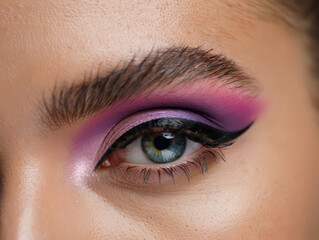 Obraz premium Detailed Close-Up of a Woman's Eye with Striking Pink and Purple Eyeshadow, Enhanced by a Sharp Black Eyeliner Wing for a Modern and Sophisticated Look