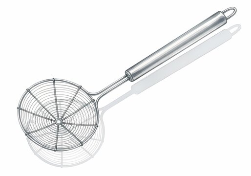 Stainless steel skimmer with fine mesh and long handle for cooking.