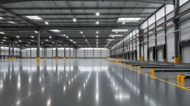 Empty modern warehouse and logistics center. Interior of a large distribution facility with loading docks and polished concrete floors. Industrial storage and supply chain concept