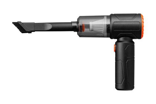 Side view of a handheld vacuum cleaner featuring ergonomic design and crevice tool. Isolated on white background with clipping path. High-resolution image for electronics store and catalogs.