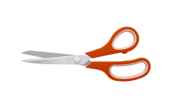 A pair of Orange handled scissors in open position on a white background, with sharp metal blades and comfortable grips. Perfect for cutting tasks in office or craft settings, isolated view.