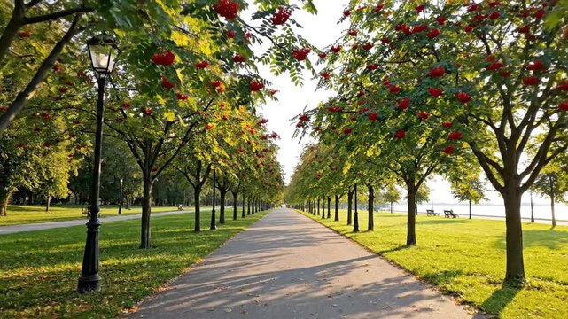 A sunlit avenue with trees laden with red berries, a paved path, and glimpses of a lake