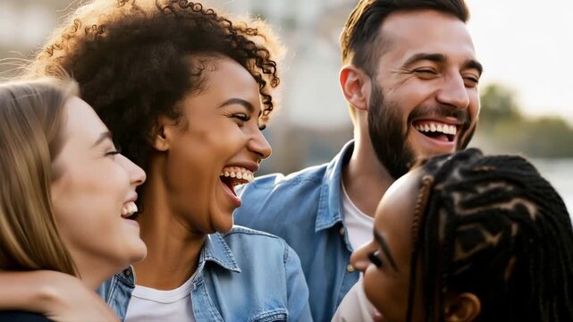 Diverse group of friends laughing together outdoors at sunset. Multi-ethnic young adults sharing a joyful moment. Friendship and togetherness concept