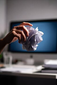 Main froissant une feuille de papier devant un &eacute;cran pour exprimer le concept d'&eacute;chec cr&eacute;atif et de frustration au travail