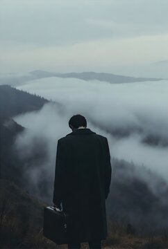 Homme avec une mallette face &agrave; l'immensit&eacute; d'un paysage brumeux illustrant le concept d'horizon incertain et de solitude