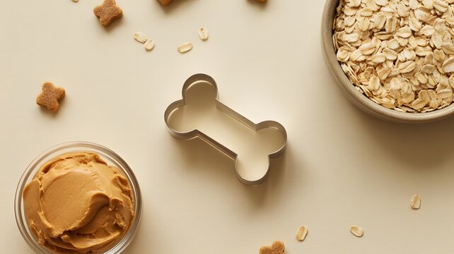 Homemade Dog Treat Preparation with Peanut Butter, Oats and Bone-Shaped Cutter Representing Pet Nutrition, Healthy Snacks, Natural Ingredients and Animal Care