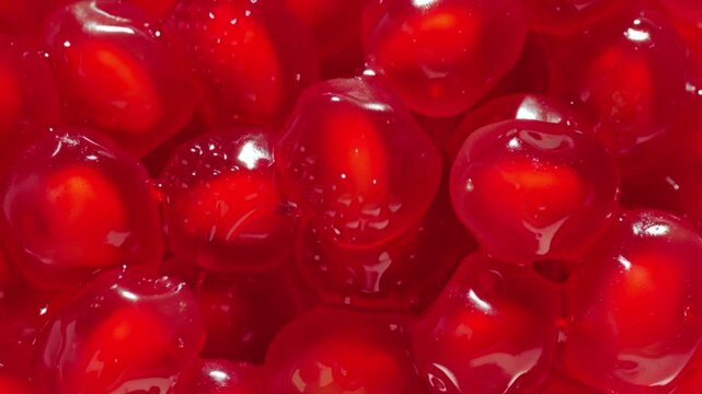 Glossy red pomegranate seeds macro texture background, close up fruit arils with juicy translucent surface, vibrant antioxidant food pattern filling full frame, healthy organic nutrition concept, natu