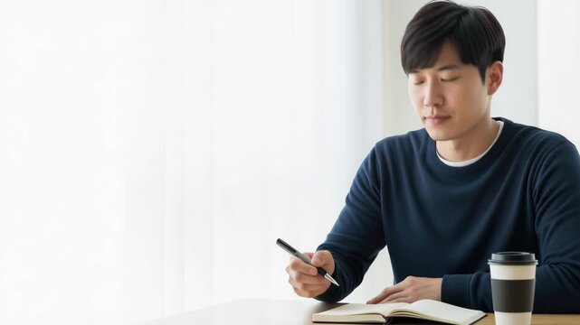 Young Asian man writing in a notebook while sitting at a table. Focused student studying and thinking in a bright room. Journaling and planning concept. Copy space for text