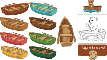 Cartoon wooden boat vector set with colorful rowing boats and coloring page illustration, playful water transport designs for kids, games, education, and prints © Jahangir