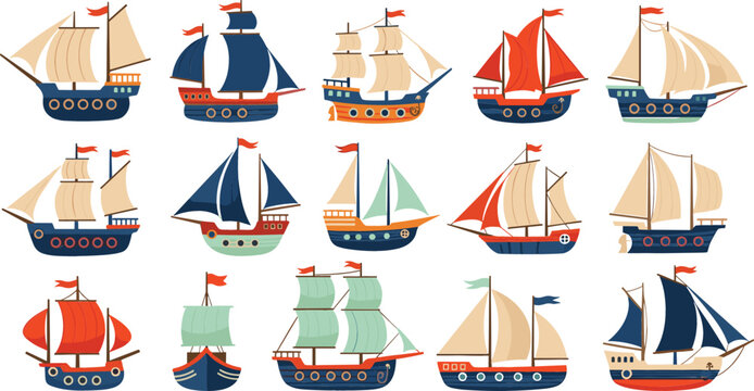 Colorful sailing ships vector set with cartoon nautical boats and vintage vessels, maritime ocean illustrations for travel designs, kids projects, posters, and prints