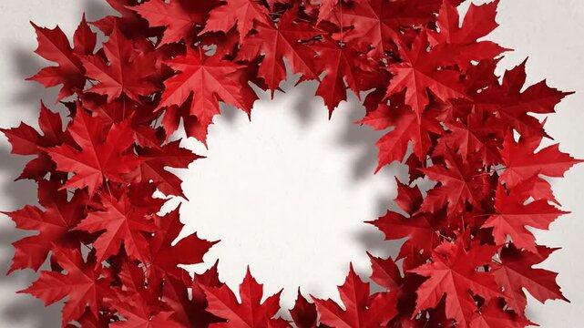 A vibrant ring of red leaves forms a circular frame against a pale, textured background