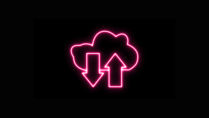 Pink neon glowing cloud computing icon with up and down arrows representing data transfer, digital storage, and network synchronization, isolated on black background.