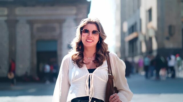 Young Latina woman smiles while standing next to the iconic blue and white tiled facade of Casa de los Azulejos in Mexico City, wearing casual jeans and a light blouse under warm natural sunlight