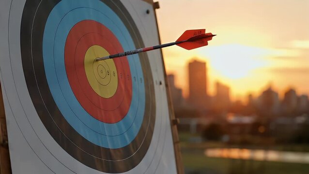 A Tightly Framed Photograph of a Crimson Arrow Positioned on a Dartboard with a Setting Sun as its Backdrop