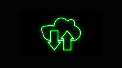 Colorful neon cloud icon with glowing upload and download arrows symbolizing data transfer and cloud computing technology, vibrant digital services, isolated on black background.