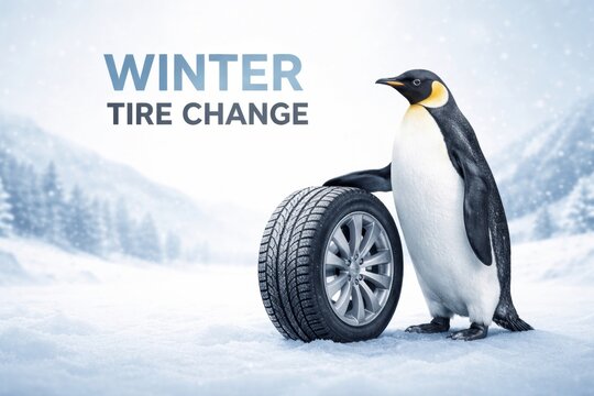 Penguin Takes Part in Winter Tire Change in Snowy Landscape With Mountains in Background at Cold Season