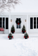 Fototapeta premium Charming white cabin with a bold red door, decorated with Christmas wreath and garlands