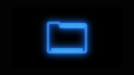 A glowing blue neon folder icon illustration, symbolizing data organization, file storage, digital documents, and important information management, isolated on black background.