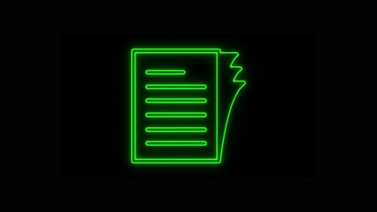 A vibrant neon green document icon with multiple lines of text, representing official files and important data for digital interfaces, isolated on black background.